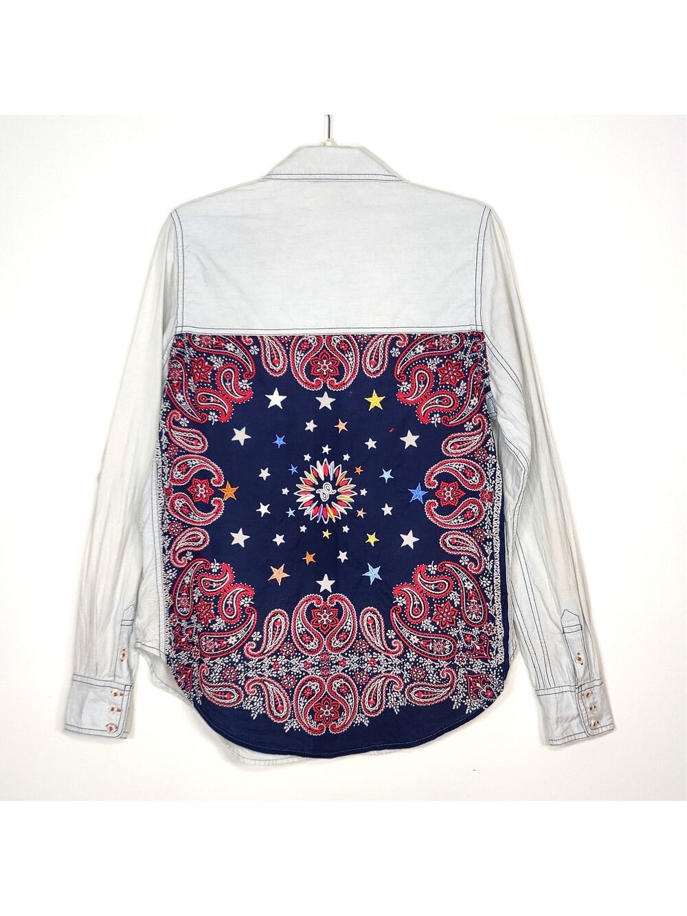 Free People Western Denim Button Up Bandana Back Embroidered Stars S Boho